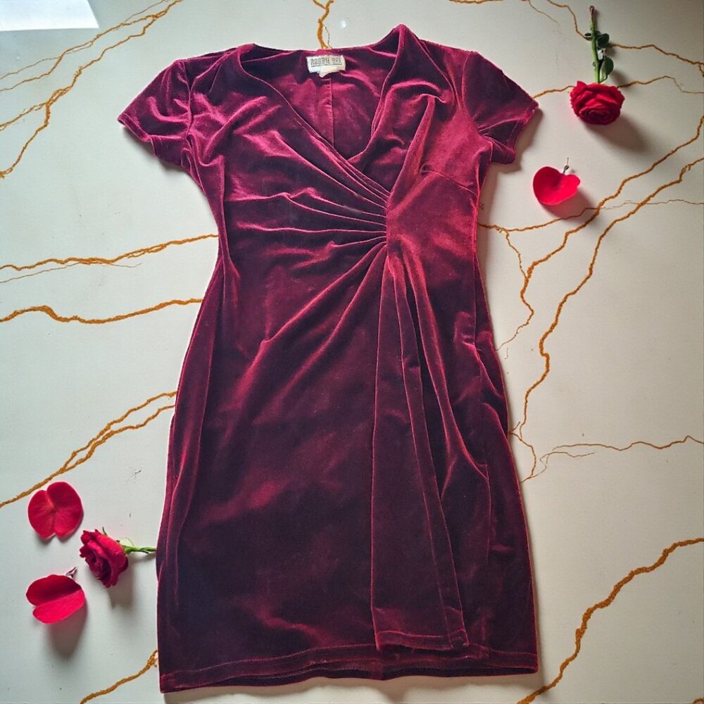 Vintage Robbie Bee Maroon Velvet Mini Dress – Petite Ruched Party Dress